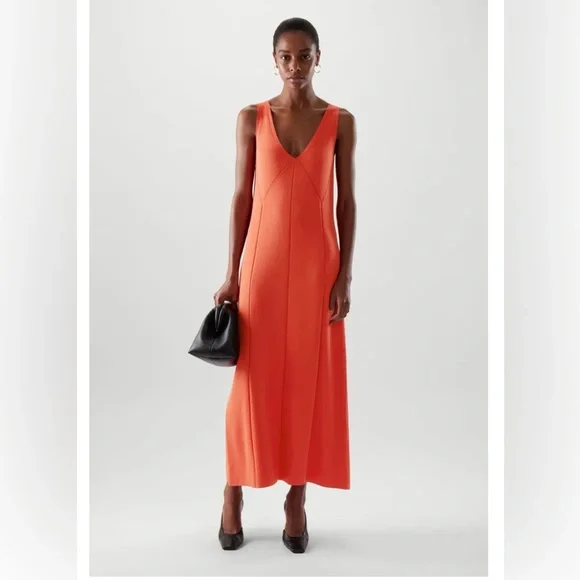 COS | Dresses | Cos Low Cut Maxi Dress Vneck Knit Coral Orange Womens Xs  Could Fit S Timeless | Poshmark